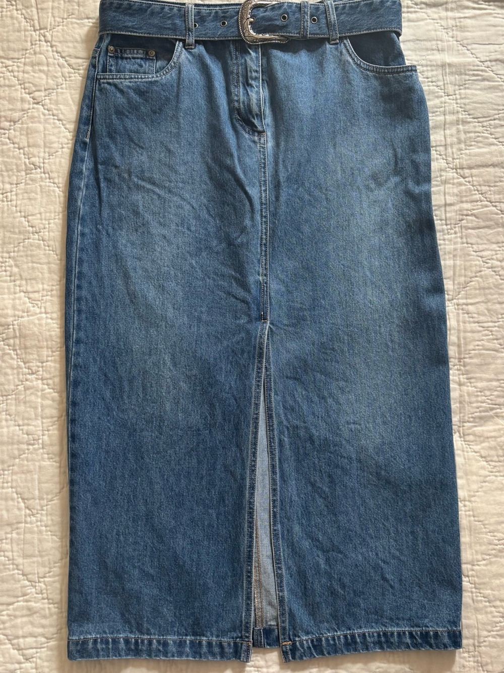 House of Harlow 1960 Blue Denim Midi Skirt with Center Front Slit